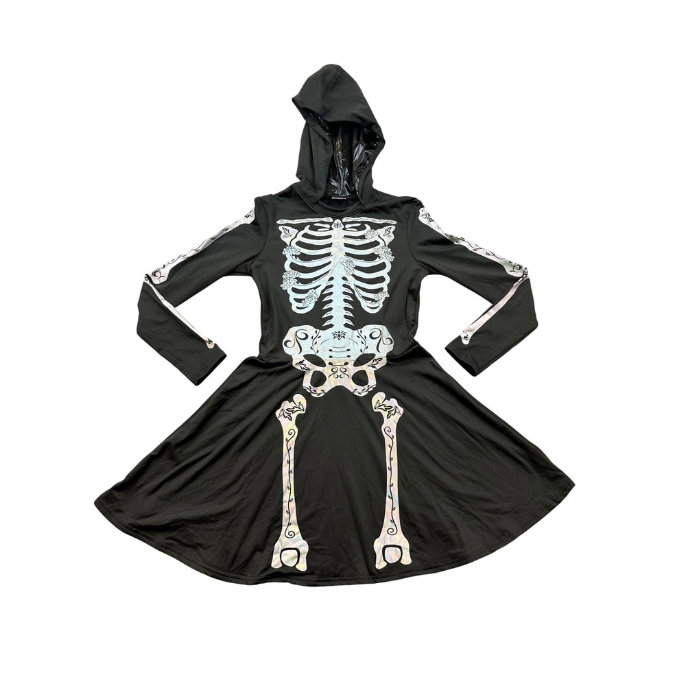 Spirit Halloween Skeleton Hooded Dress Small Black Iridescent Floral Bones